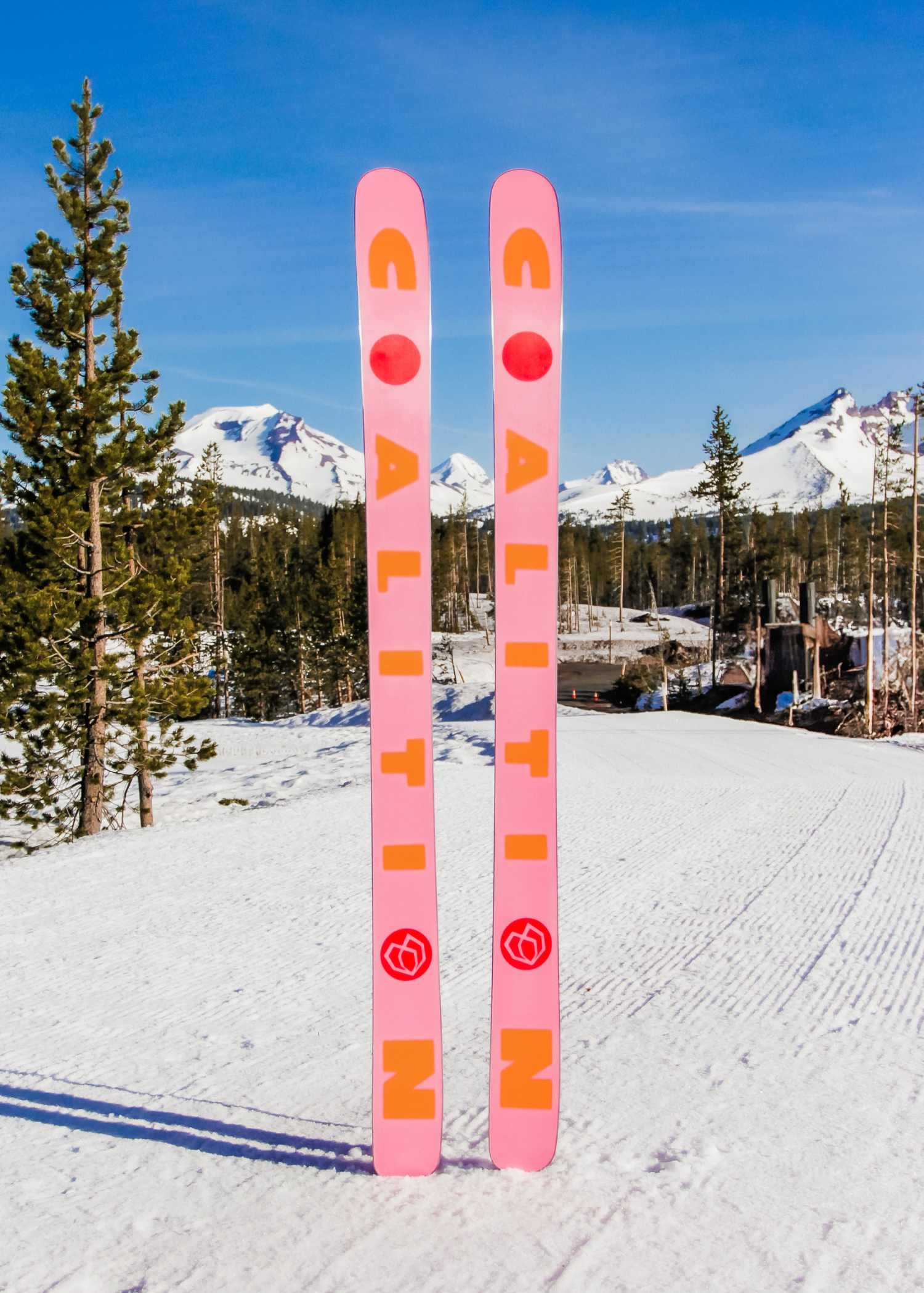 Pink and orange skis with a mountainous landscape in the background