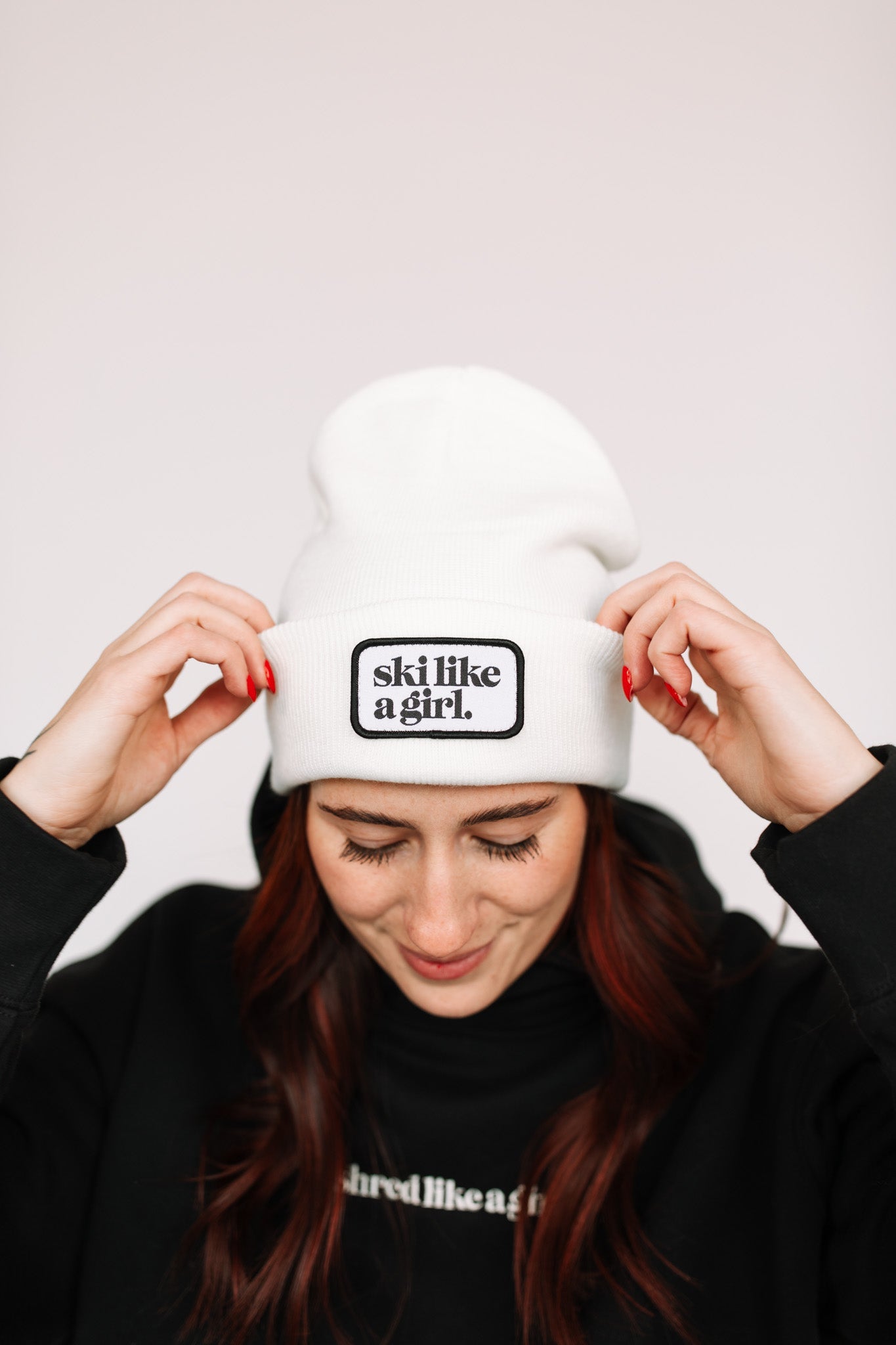 Ski Like A Girl | White Patch Beanie